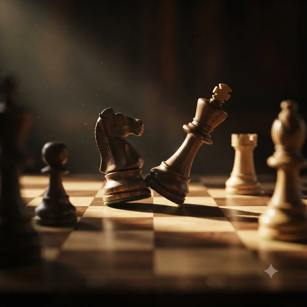 A wooden Staunton knight and king standing together on a walnut board.