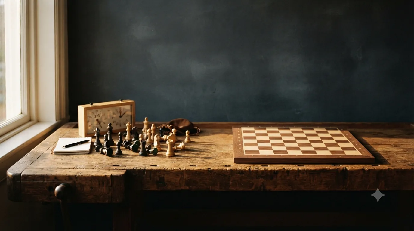 A tournament chess clock and scattered weighted pieces on a worn workbench beside an empty board, lit from a side window.