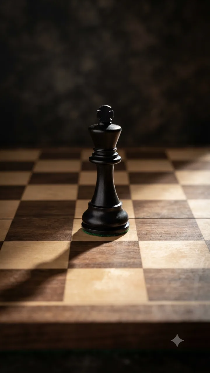 A single wooden Staunton king casting a long shadow across a walnut chess board.